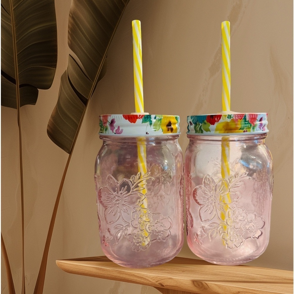 Pioneer Woman Set of 2 8oz Glass Mason Jar Drinking Mugs With Straws